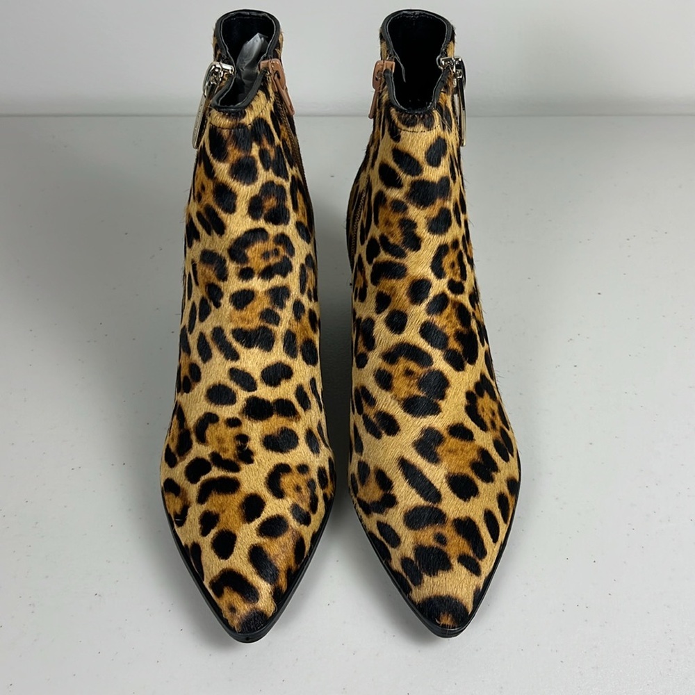 Nine West Cow Fur Leopard Print Zip Bootie Gold Accents Kitten Heel Pointy Toe
